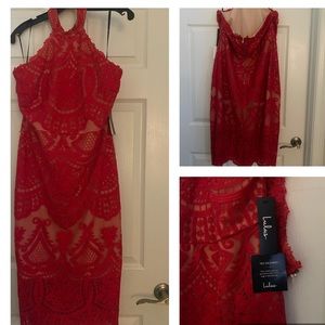 Red lace midi dress